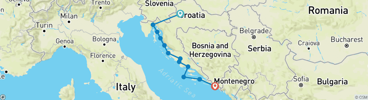 Image of a map showing the route of the tour