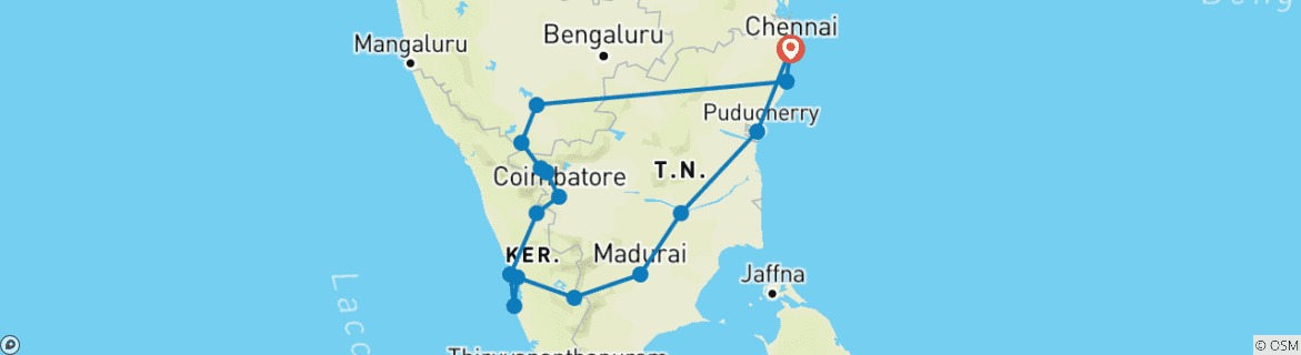 Image of a map showing the route of the tour