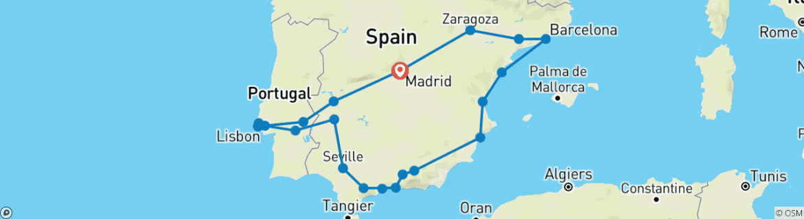 Image of a map showing the route of the tour