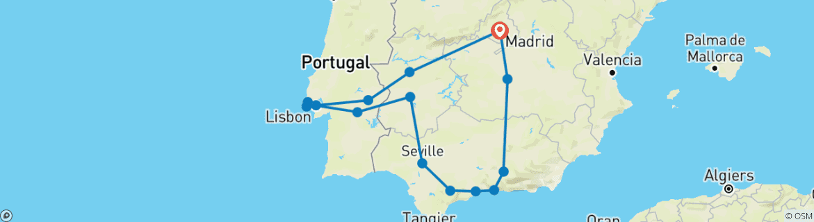 Image of a map showing the route of the tour