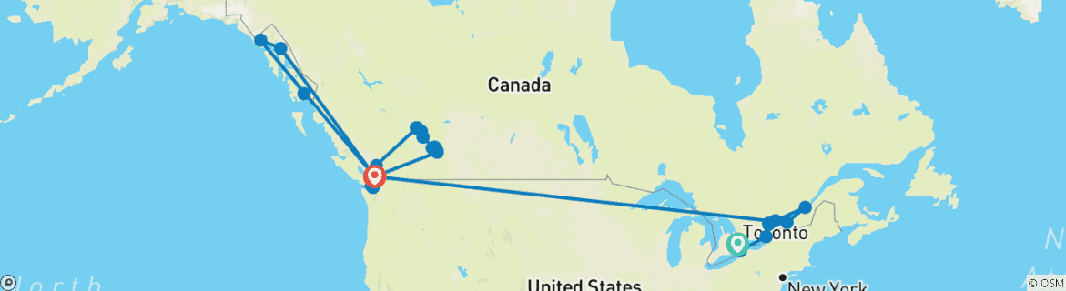 Carte du circuit L'Est du Canada, l'Odyssée des Rocheuses et une croisière en Alaska : Toronto - Vancouver (2027)