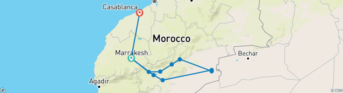 Image of a map showing the route of the tour