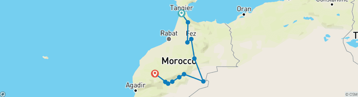 Image of a map showing the route of the tour