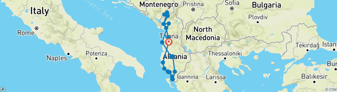 Carte du circuit Circuit en Albanie en 13 jours : les Alpes albanaises, Berat, Gjirokastër et la Riviera