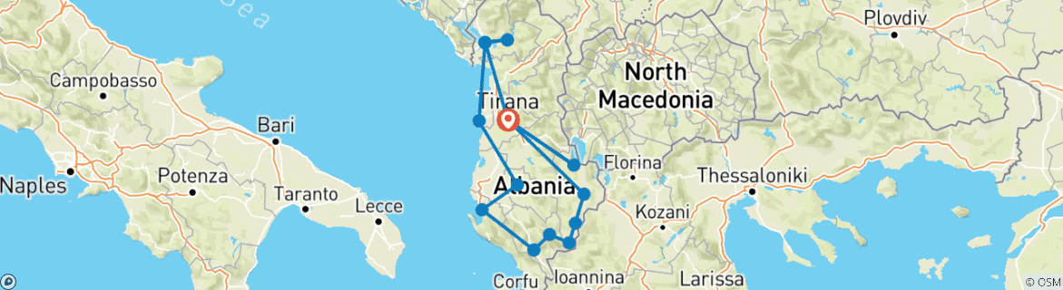 Image of a map showing the route of the tour