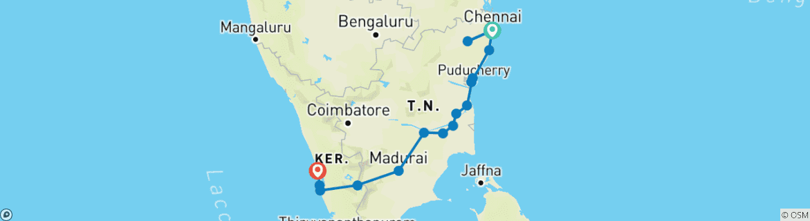 Image of a map showing the route of the tour