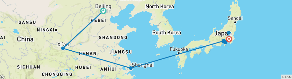 Image of a map showing the route of the tour