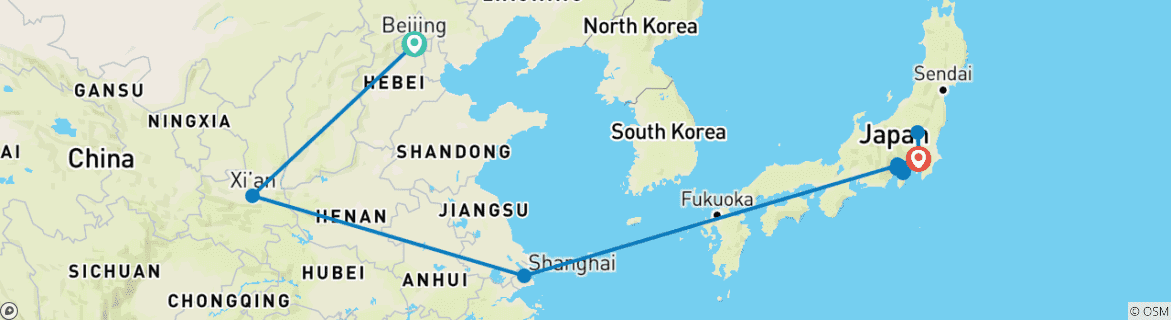 Image of a map showing the route of the tour