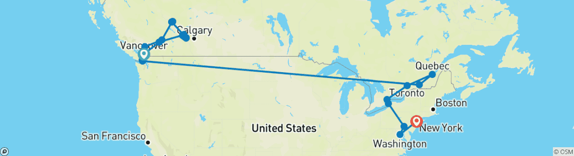 Image of a map showing the route of the tour