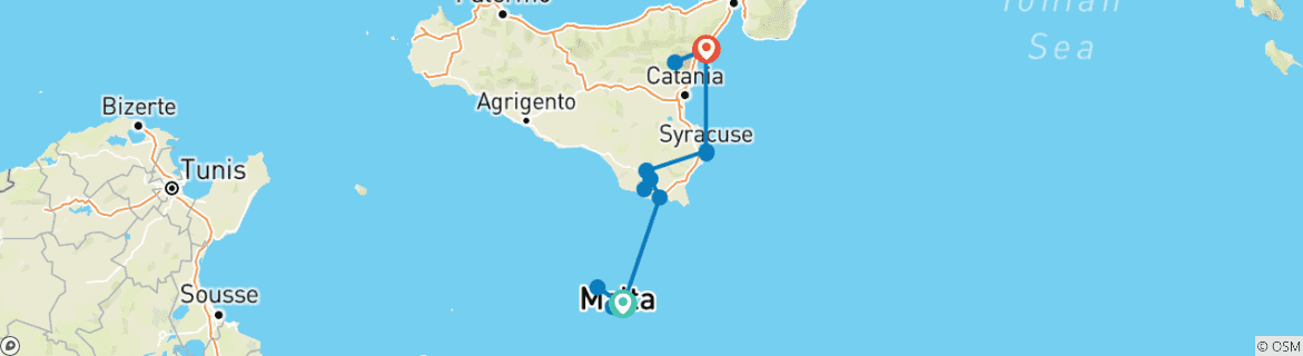 Image of a map showing the route of the tour