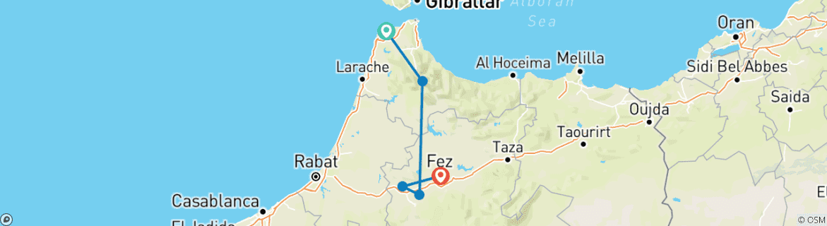 Image of a map showing the route of the tour