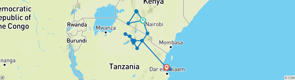 Image of a map showing the route of the tour