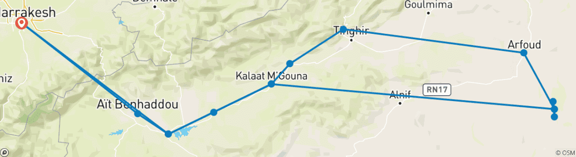 Image of a map showing the route of the tour