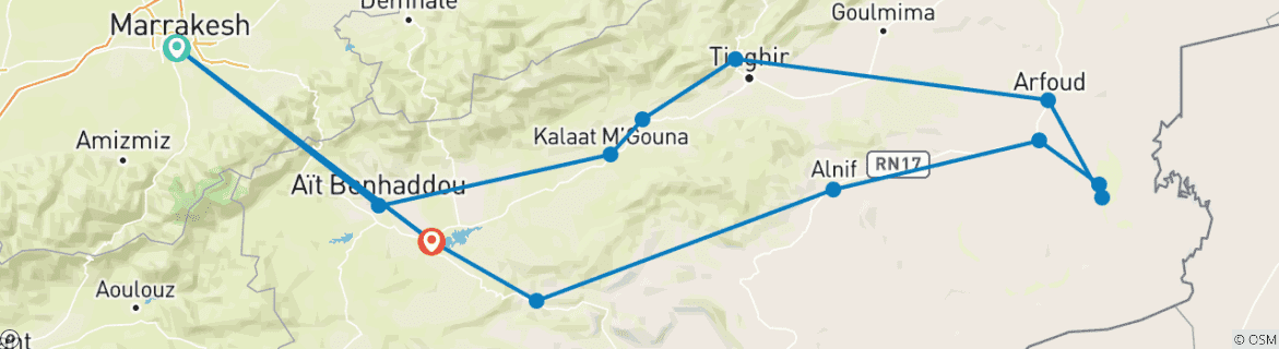 Image of a map showing the route of the tour
