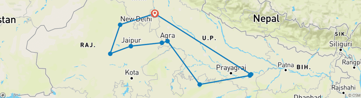 Image of a map showing the route of the tour
