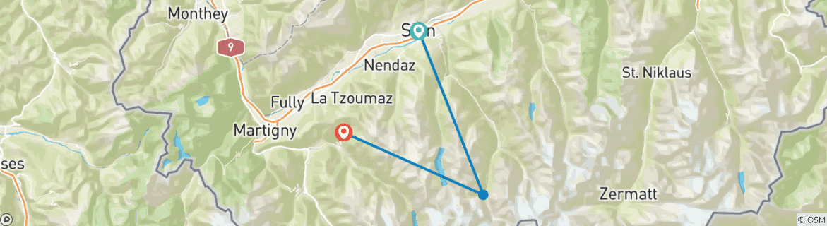 Karte von Hüttentrekking Arolla - Verbier: Die Haute Route vom Wallis (5 Tage)