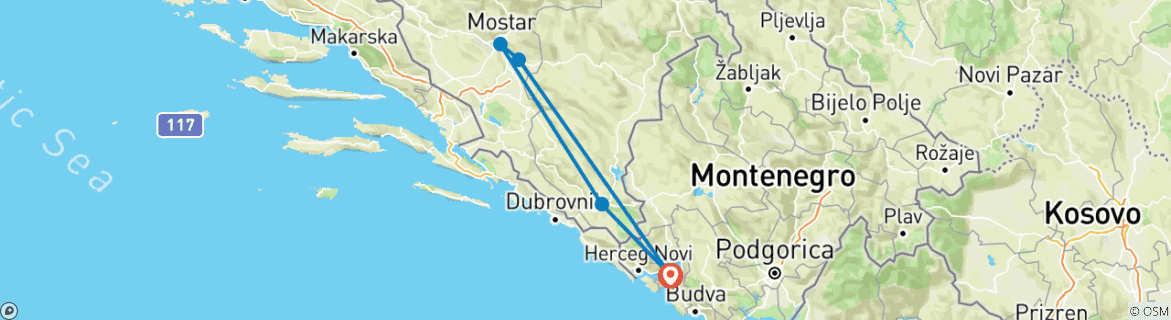 Image of a map showing the route of the tour