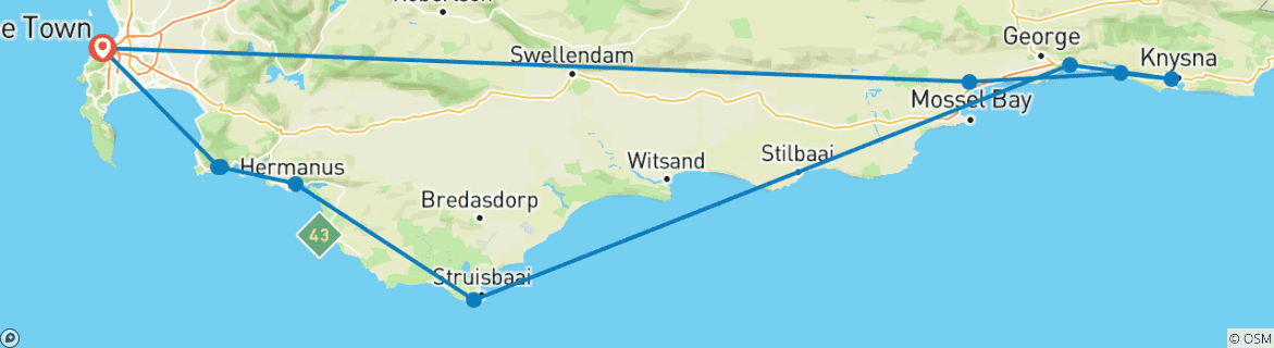 Carte du circuit 3 jours Tip of Africa to Garden Route + Safari