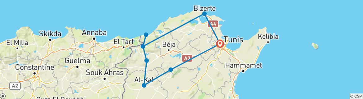 Image of a map showing the route of the tour