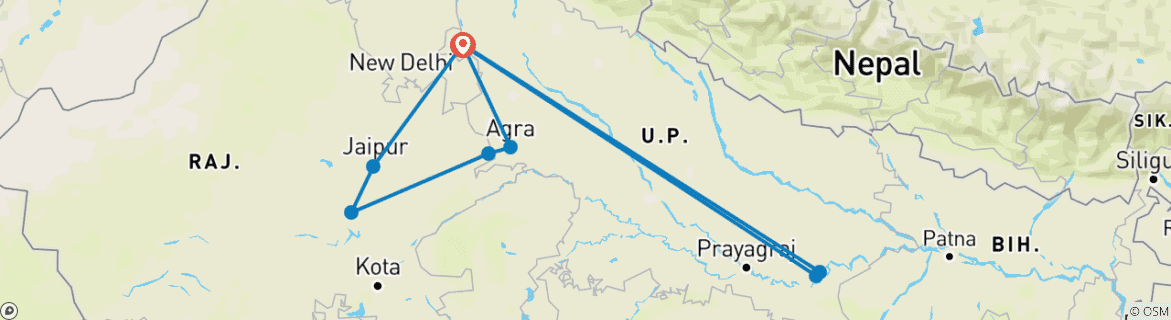 Image of a map showing the route of the tour
