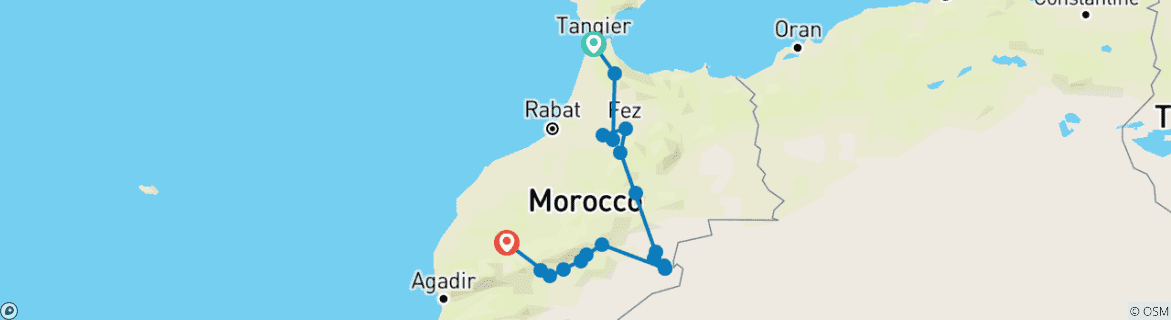 Image of a map showing the route of the tour
