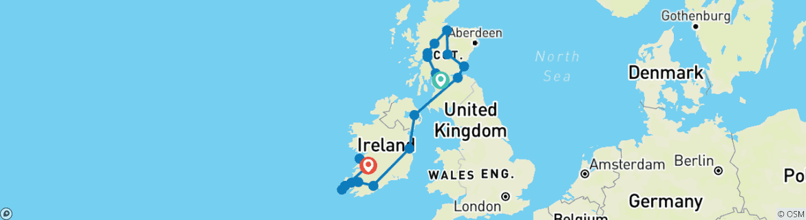 Image of a map showing the route of the tour