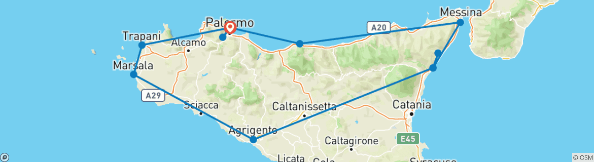 Image of a map showing the route of the tour