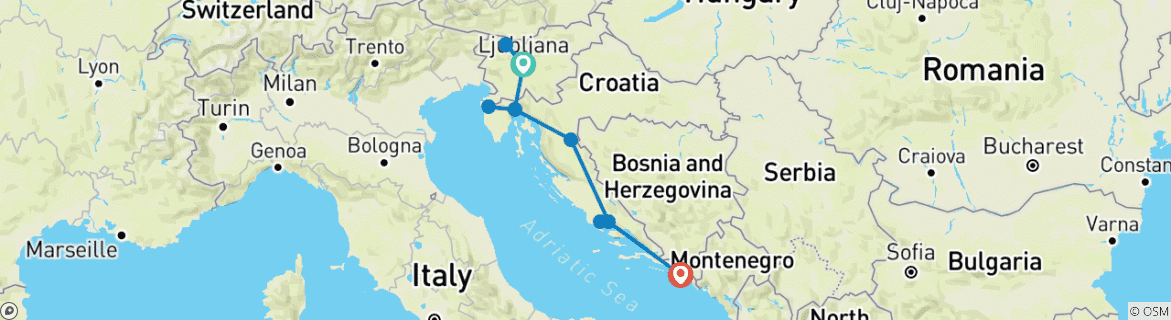 Image of a map showing the route of the tour