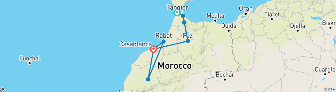 Image of a map showing the route of the tour