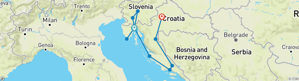 Carte du circuit La Croatie intemporelle avec les lacs de Plitvice et la côte adriatique (d'Opatija à Zagreb)