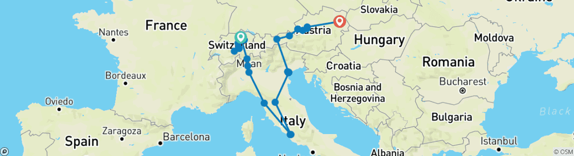 Image of a map showing the route of the tour