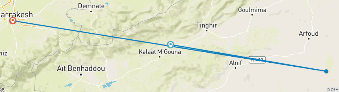 Image of a map showing the route of the tour