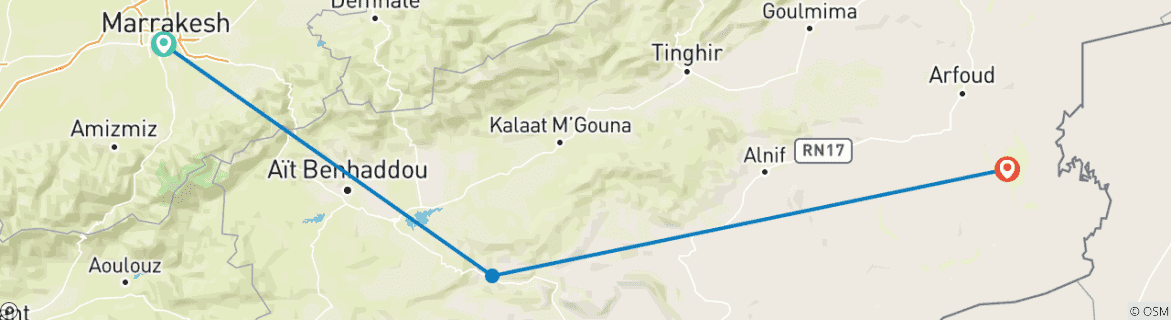 Image of a map showing the route of the tour