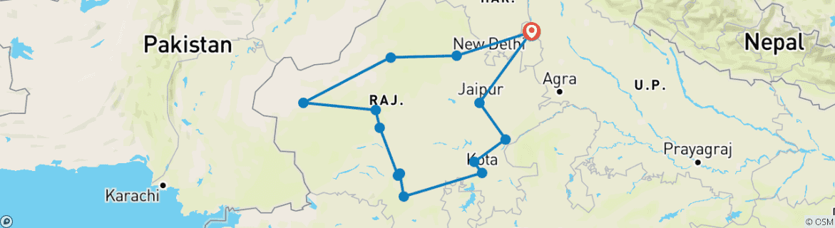 Image of a map showing the route of the tour