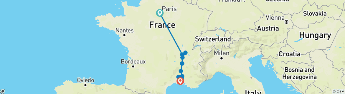 Carte du circuit Paris et les sensations festives de Lyon et de la Provence