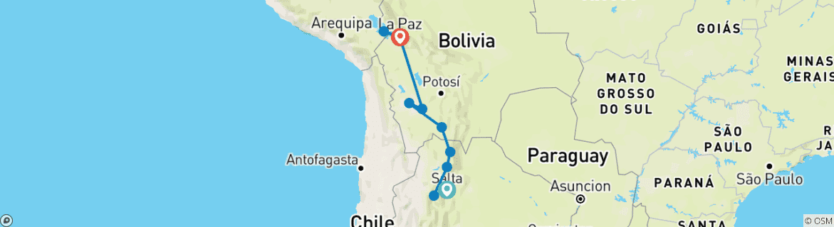 Image of a map showing the route of the tour