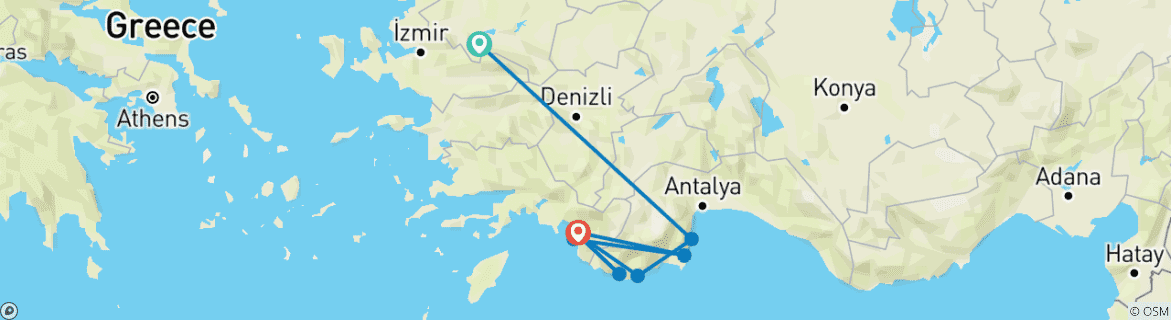 Image of a map showing the route of the tour