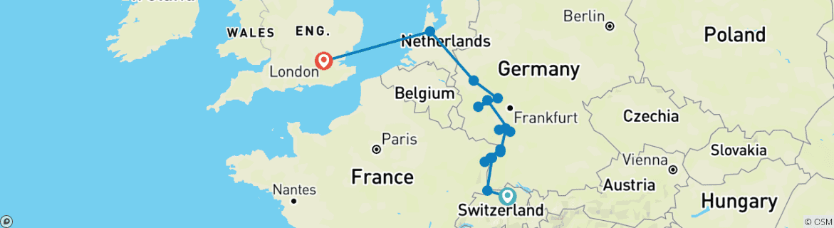 Image of a map showing the route of the tour