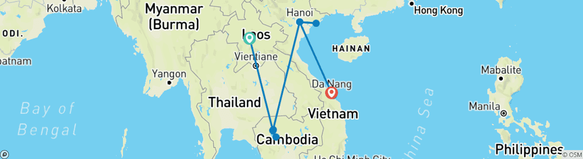 Image of a map showing the route of the tour