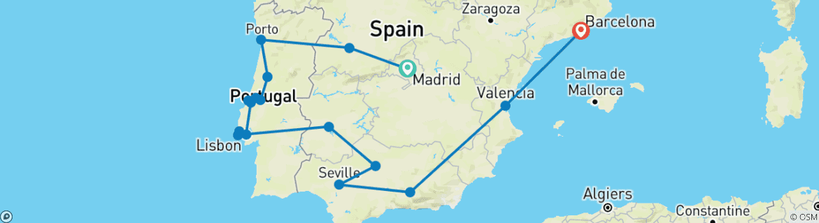 Image of a map showing the route of the tour