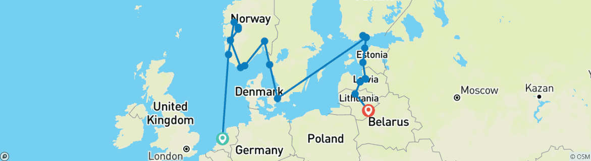Image of a map showing the route of the tour