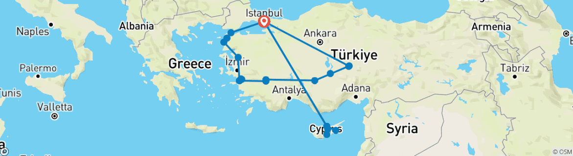 Image of a map showing the route of the tour