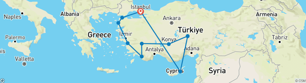Image of a map showing the route of the tour