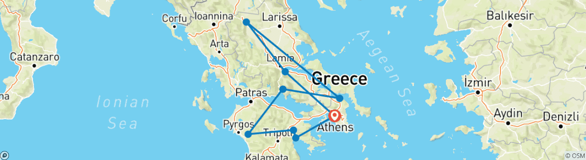 Image of a map showing the route of the tour
