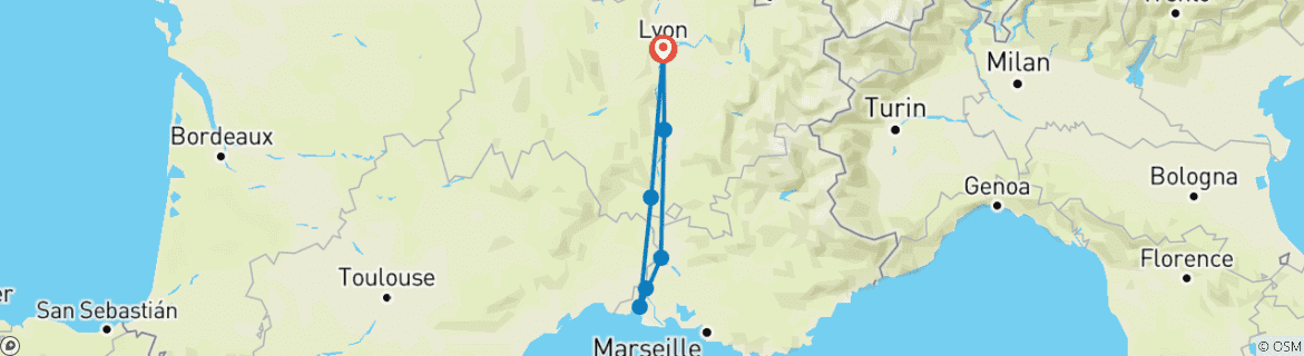 Image of a map showing the route of the tour