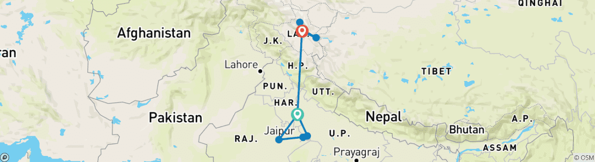 Image of a map showing the route of the tour