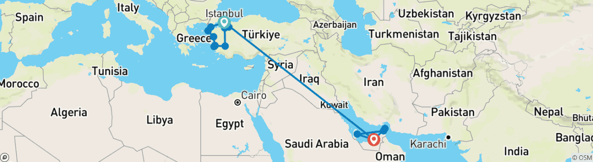Image of a map showing the route of the tour