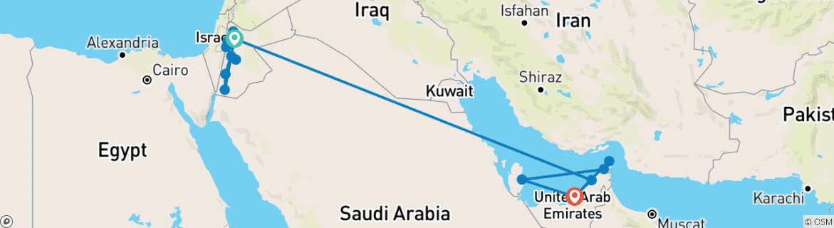 Image of a map showing the route of the tour