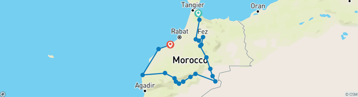 Image of a map showing the route of the tour