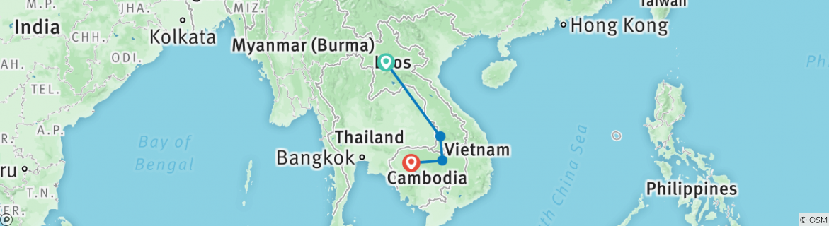 Image of a map showing the route of the tour
